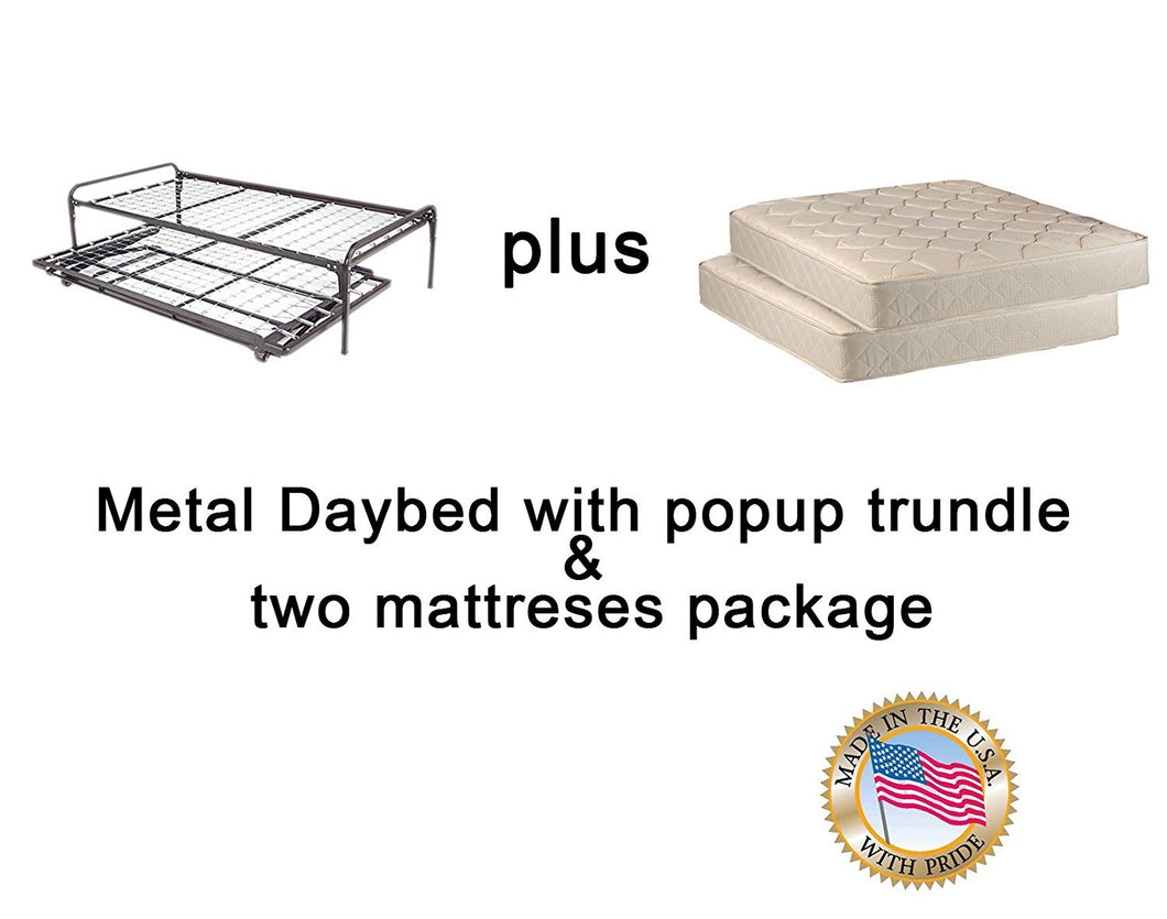 Dream Solutions Metal Day Bed (Daybed) Frame and Pop up Trundle with Great Soft Mattresses Included Package Deal, Twin