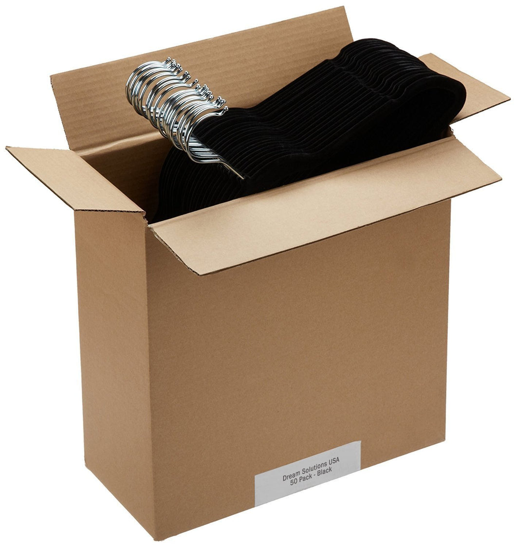 Dream Solutions USA Non-Slip Flocked Velvet Clothes Hangers 50 Pack - Ultra Thin Space Saving Design for Men and Women Dress Suit - 360 Degree Swivel Hook - Longlasting with 2 Year Warranty - Black